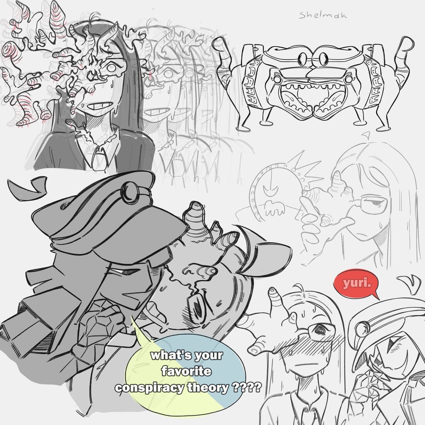 ena, coral glasses, salesperson ena, meanie ena, and fish (ena and 1 more) drawn by shelmak_lol