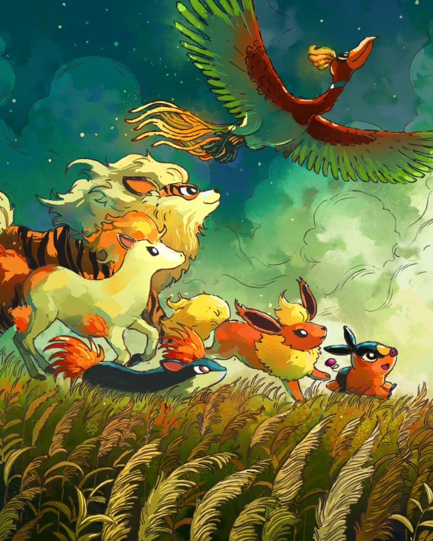 flareon, tepig, arcanine, ho-oh, quilava, and 1 more (pokemon) drawn by john_ramsey