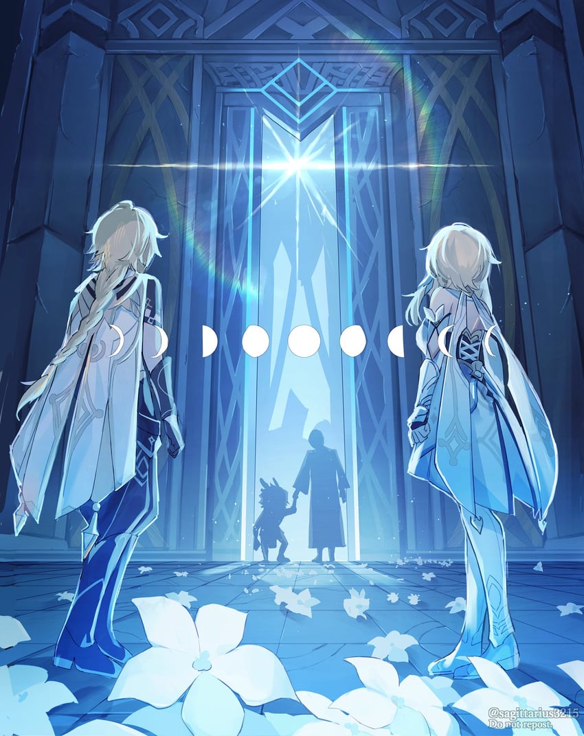 lumine, aether, hilichurl, and caribert (genshin impact) drawn by kukatsuma