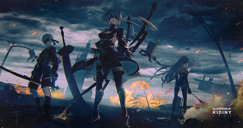 2b, 9s, pod, and a2 (nier and 1 more) drawn by jyunac