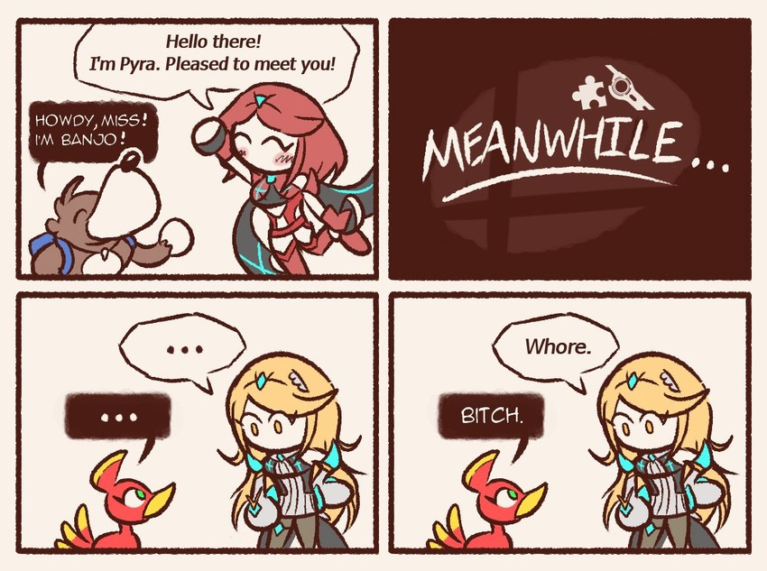 pyra, mythra, kazooie, and banjo (xenoblade chronicles and 3 more) drawn by toastydarkbagel