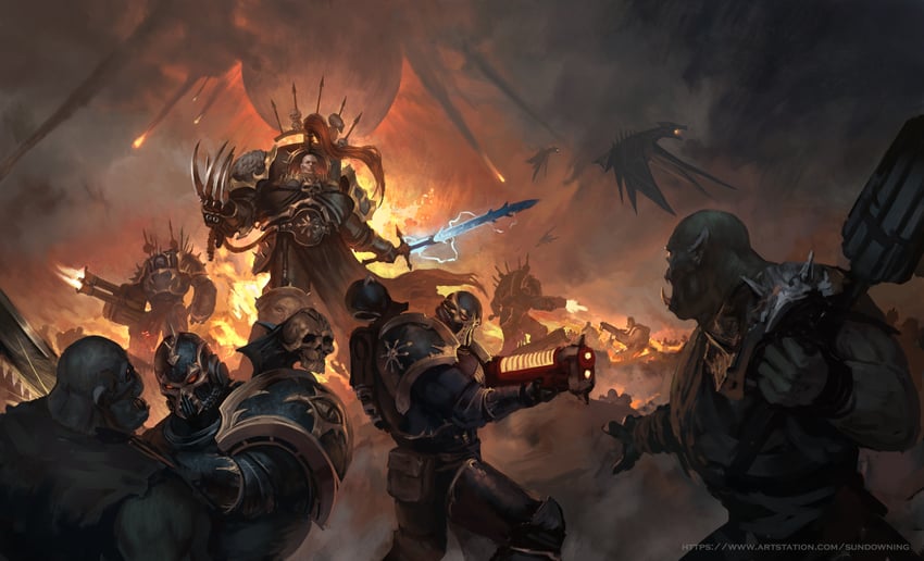 adeptus astartes, chaos space marine, ork, and abbadon the despoiler (warhammer 40k) drawn by sundowning