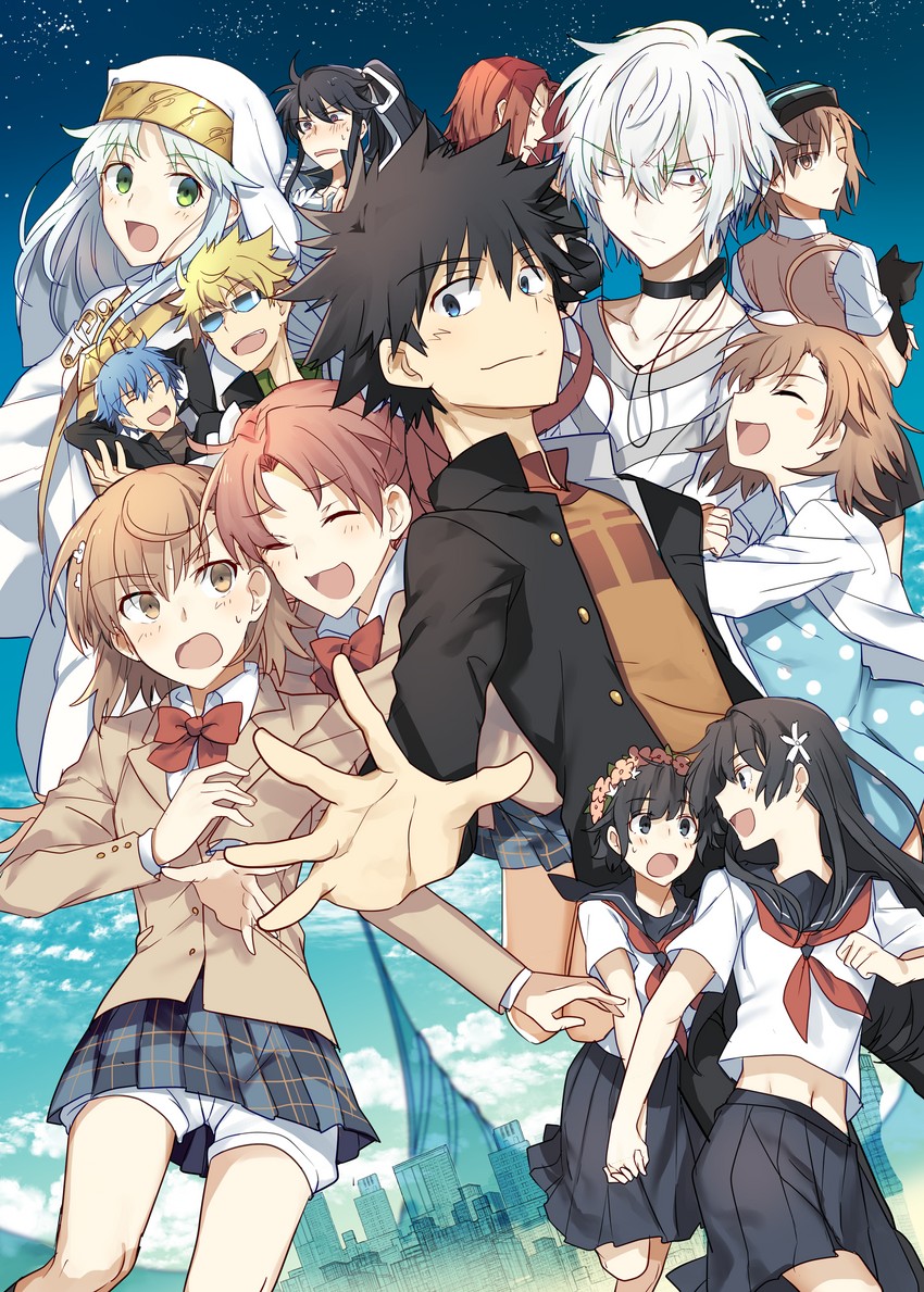 misaka mikoto, shirai kuroko, kamijou touma, accelerator, saten ruiko, and 10 more (toaru majutsu no index and 1 more) drawn by nikame