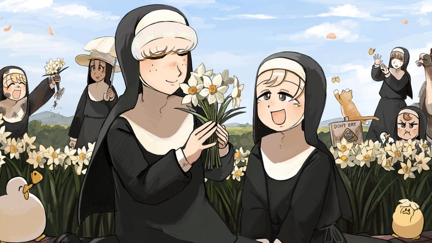 clumsy nun, froggy nun, sheep nun, eyelashes nun, laidback nun, and 1 more (little nuns) drawn by diva_(hyxpk)
