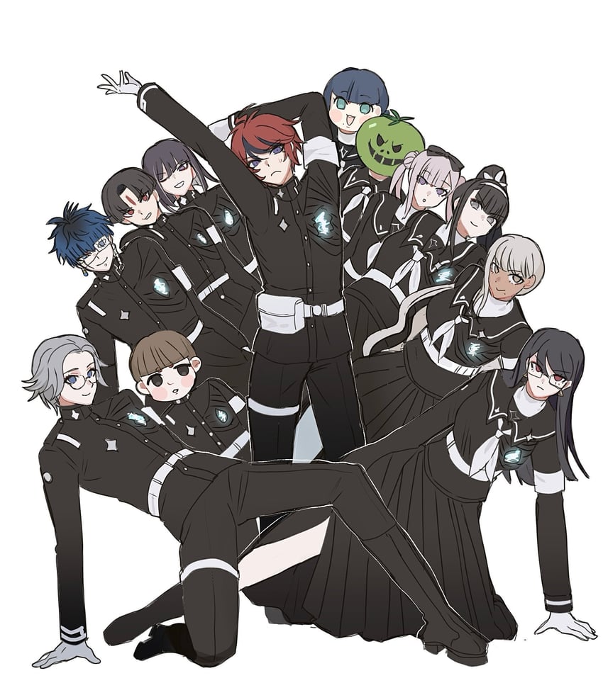 aotsuki eito, sumino takumi, omokage yugamu, tsukumo kako, tsukumo ima, and 8 more (the hundred line -last defense academy-) drawn by majide_yutteru