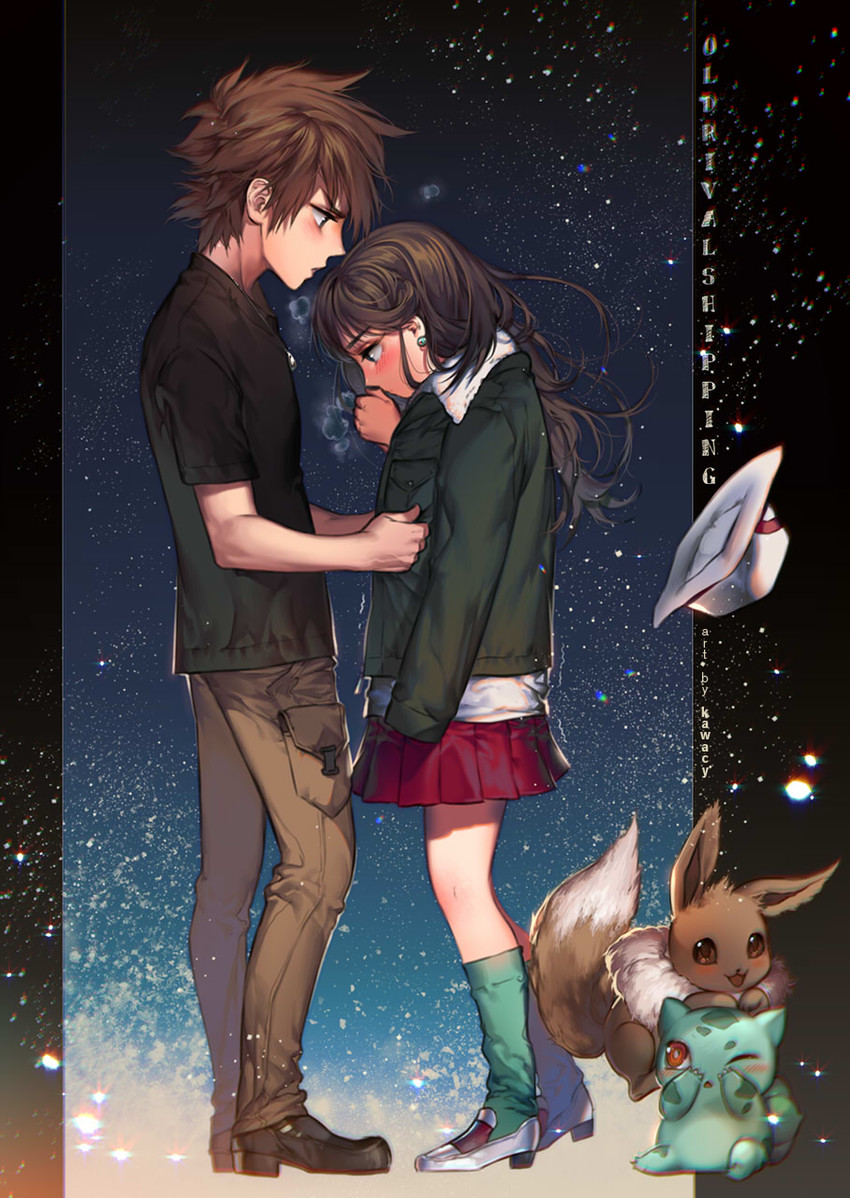 eevee, blue oak, leaf, and bulbasaur (pokemon and 1 more) drawn by kawacy