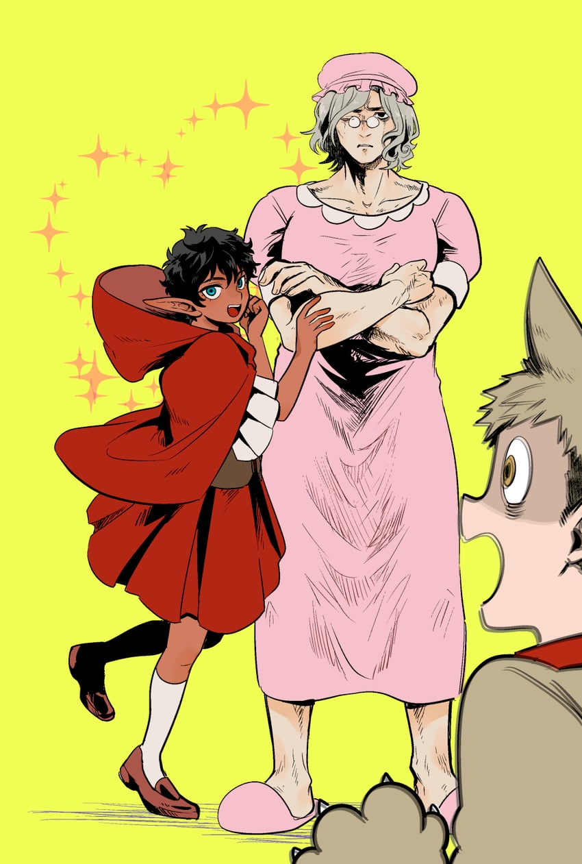 laios touden, mithrun, little red riding hood, kabru, big bad wolf, and 1 more (dungeon meshi and 1 more) drawn by sobayu_(chizuwa)