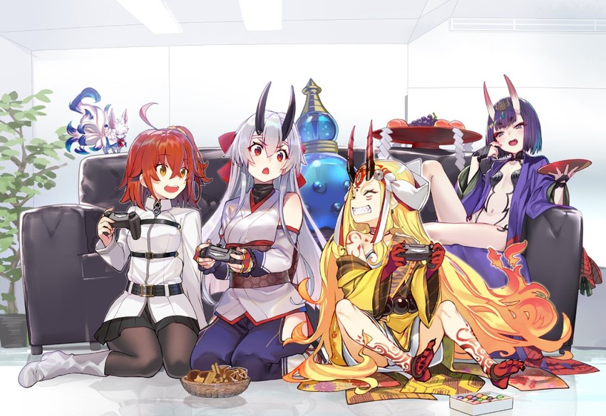 fujimaru ritsuka, shuten douji, tomoe gozen, fou, and ibaraki douji (fate and 1 more) drawn by shirabi