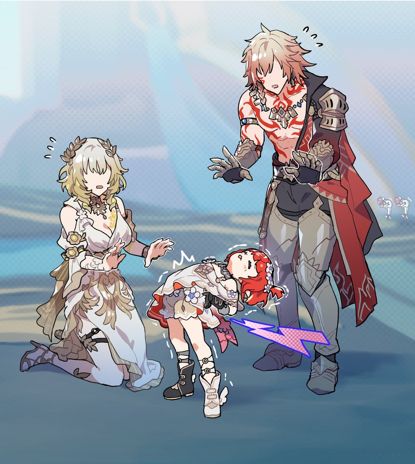 mydei, aglaea, tribbie, trianne, and trinnon (honkai and 1 more) drawn by sakana_(fishchunk)