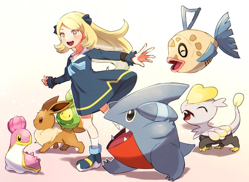 cynthia, eevee, gible, budew, feebas, and 2 more (pokemon and 1 more) drawn by chitozen_(pri_zen)