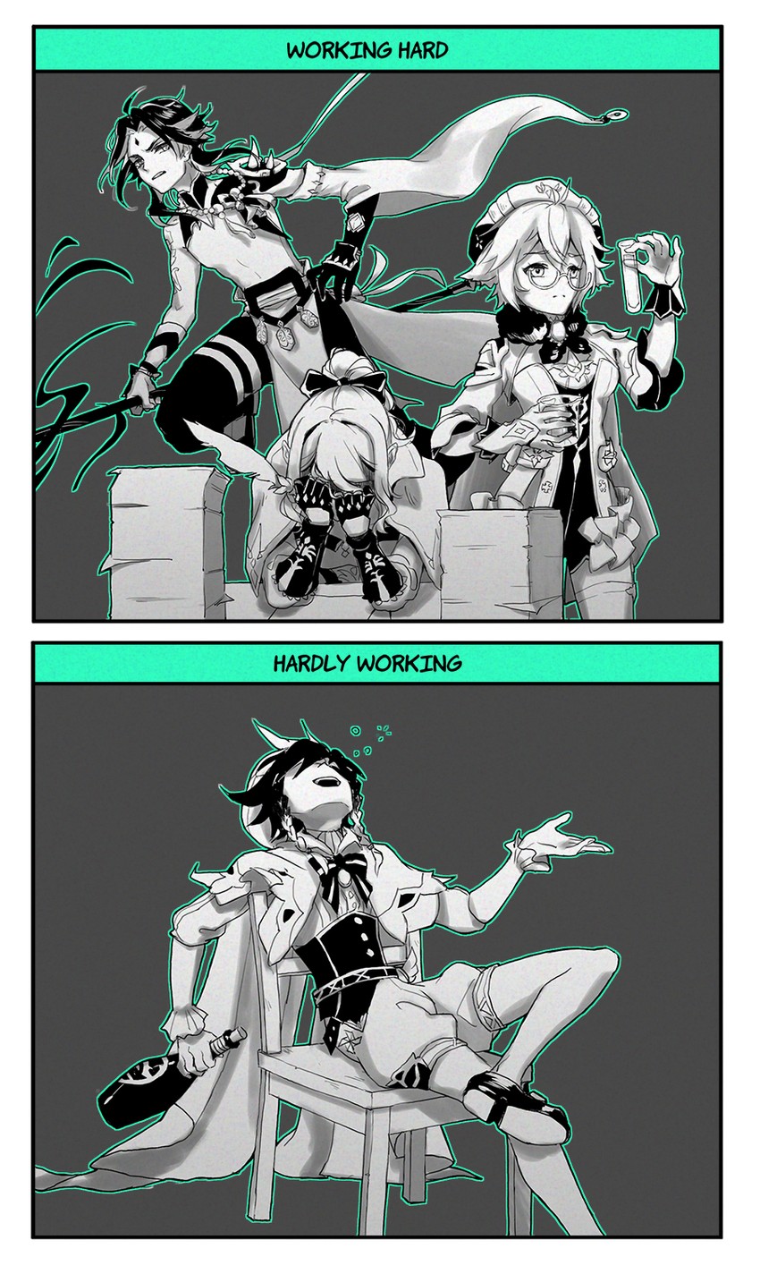 venti, xiao, jean, and sucrose (genshin impact) drawn by aura_draws