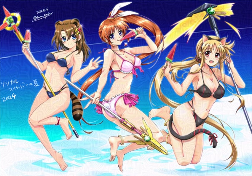 fate testarossa, takamachi nanoha, yagami hayate, raising heart, schwertkreuz, and 1 more (lyrical nanoha and 1 more) drawn by san-pon