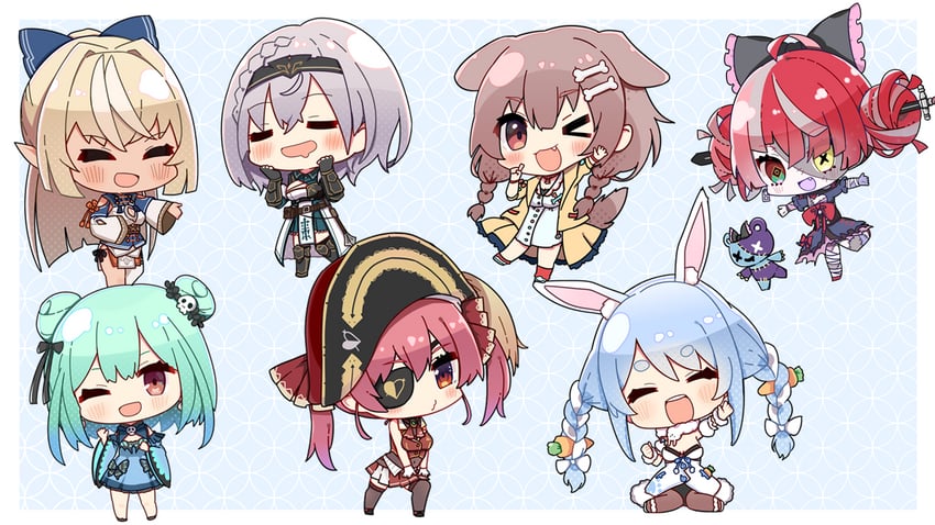 houshou marine, usada pekora, shirogane noel, inugami korone, uruha rushia, and 4 more (hololive and 1 more) drawn by koga_rejini