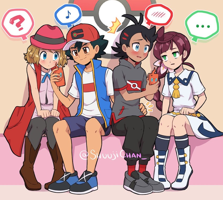 ash ketchum, serena, rotom, rotom phone, goh, and 1 more (pokemon and 2 more) drawn by sara_bon