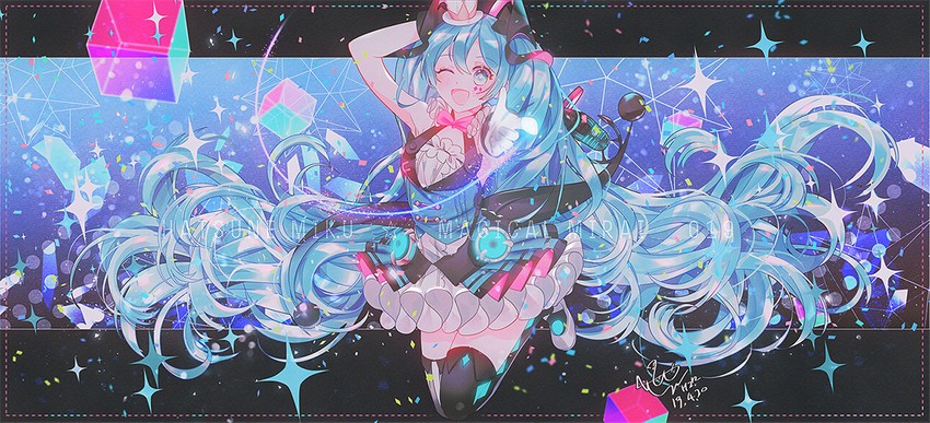 hatsune miku and magical mirai miku (vocaloid and 1 more) drawn by hzrn_(ymj924)