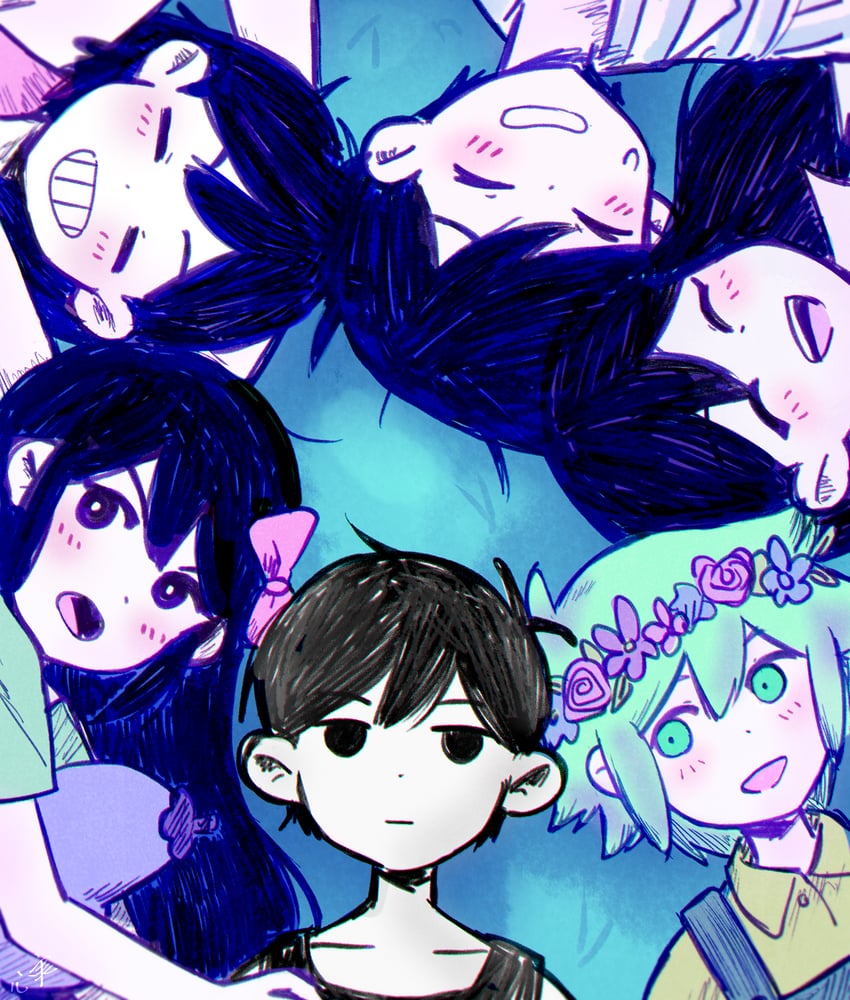 omori, basil, aubrey, mari, kel, and 2 more (omori) drawn by kokomi_(aniesuakkaman)