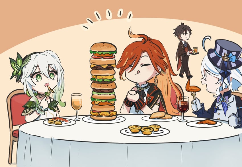 furina, nahida, zhongli, and mavuika (genshin impact and 1 more) drawn by xinzoruo