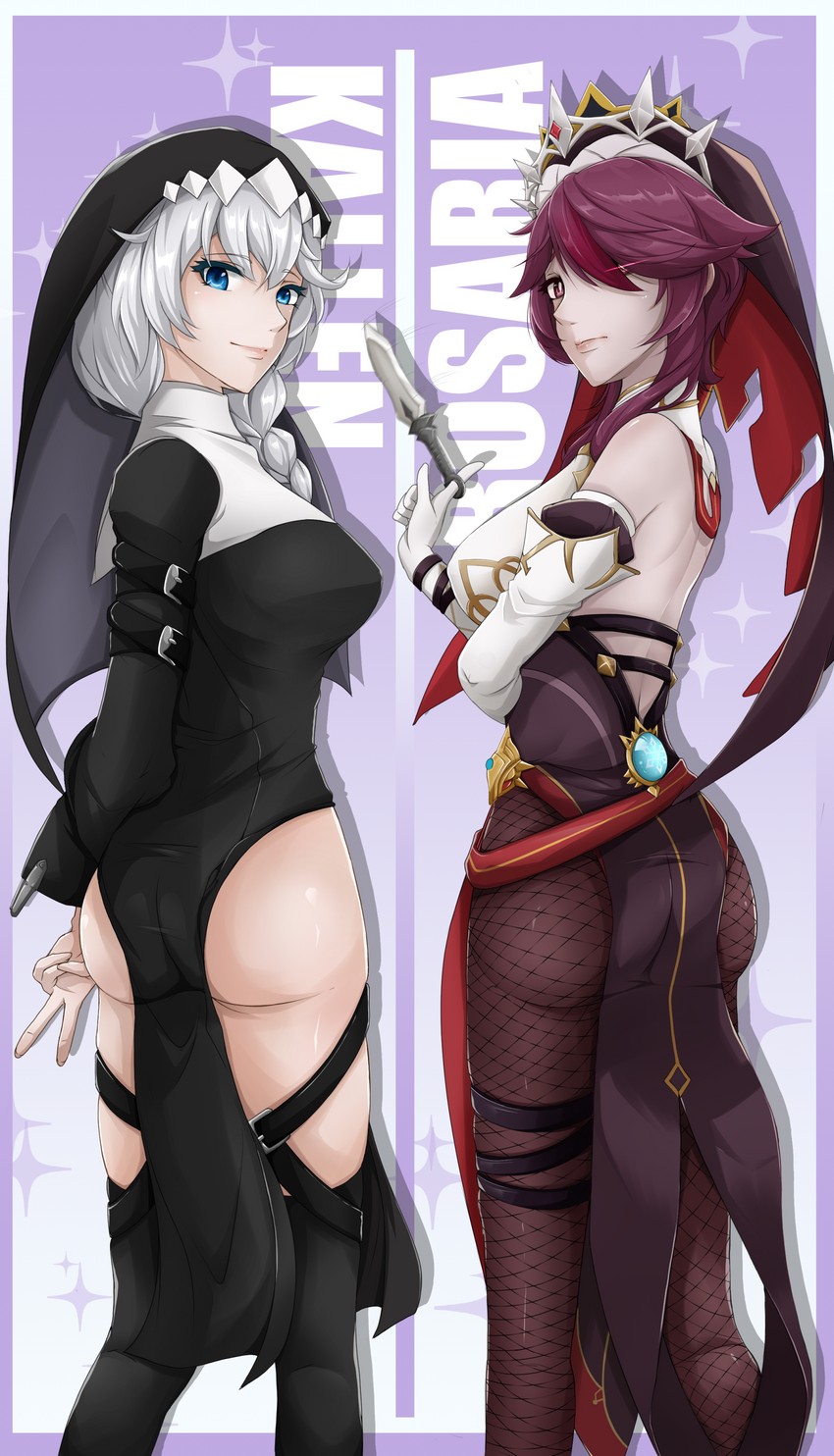 rosaria and kallen kaslana (genshin impact and 3 more) drawn by icynugget