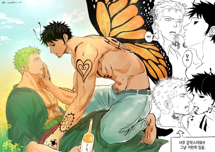 roronoa zoro and trafalgar law (one piece) drawn by nok_(nok_1)