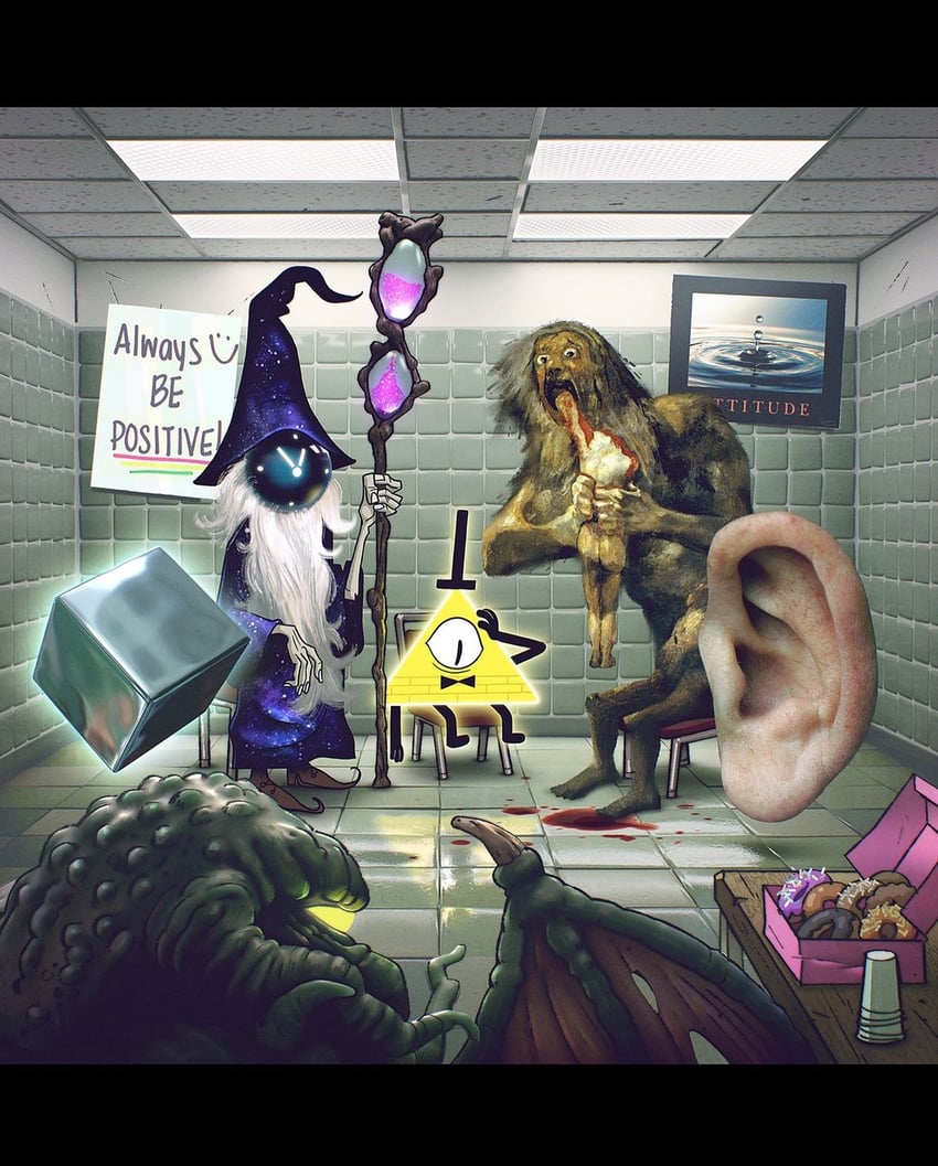 bill cipher and saturn (gravity falls and 2 more) drawn by francisco_goya, ian_worrel, and joe_pitt