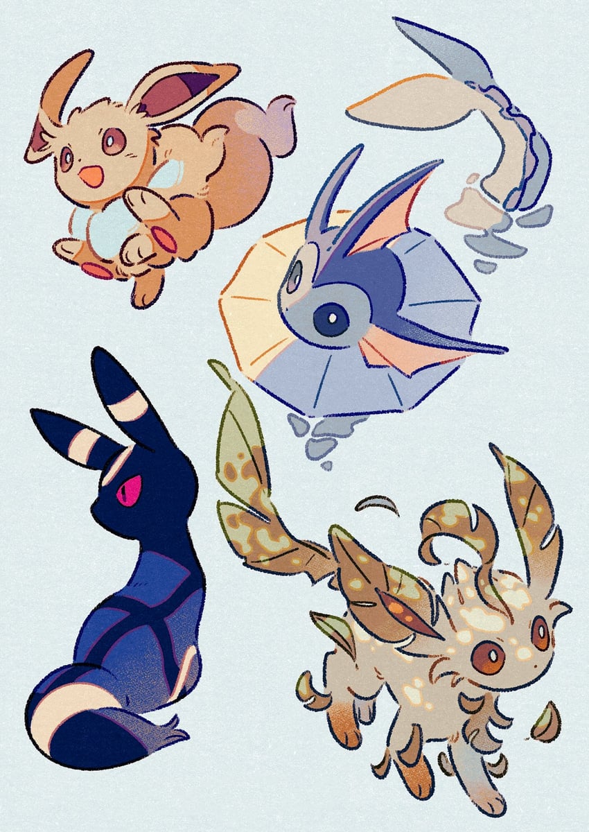 eevee, umbreon, vaporeon, and leafeon (pokemon) drawn by oharu-chan