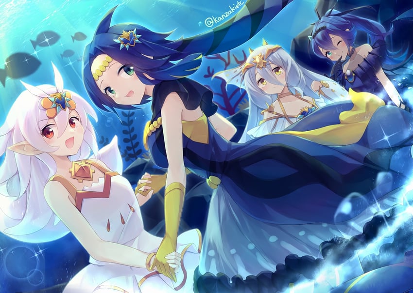marincess blue tang, marincess sea angel, marincess springirl, and marincess sleepy maiden (yu-gi-oh!) drawn by kanzakietc