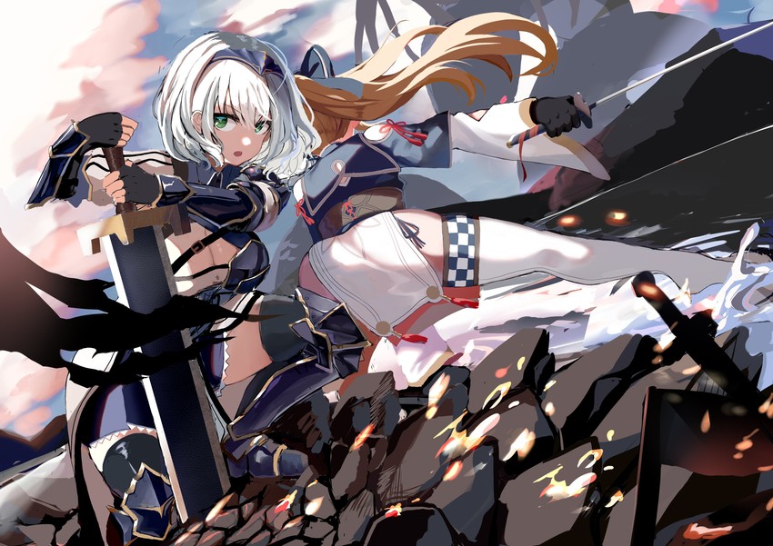 shirogane noel and shiranui flare (hololive) drawn by trap_(drthumt)