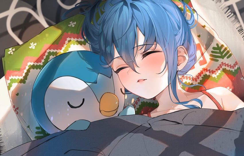 hoshimachi suisei and piplup (pokemon and 1 more) drawn by yoru_uyo