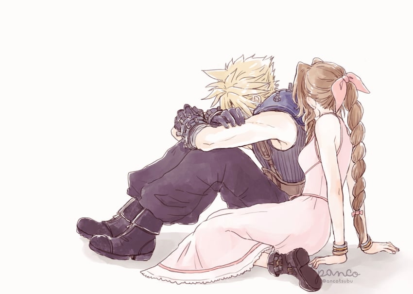 cloud strife and aerith gainsborough (final fantasy and 2 more) drawn by ancotsubu