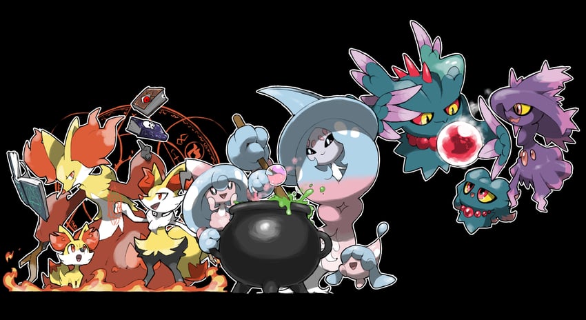 braixen, fennekin, mismagius, hatterene, misdreavus, and 4 more (pokemon) drawn by blacknirrow