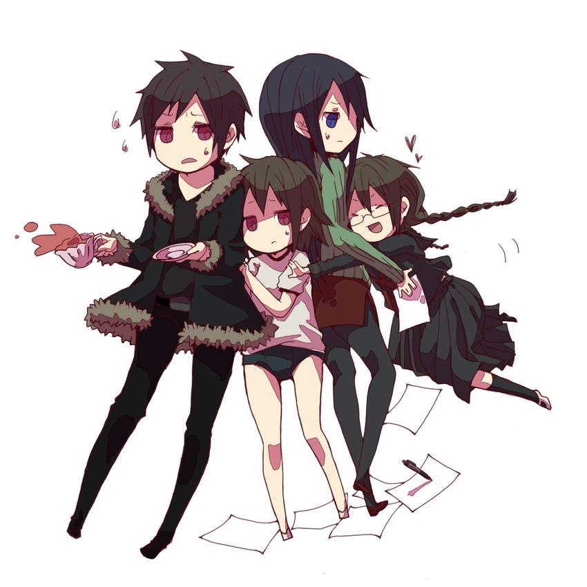 orihara izaya, orihara mairu, orihara kururi, and yagiri namie (durarara!!) drawn by niwako