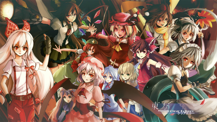 hakurei reimu, remilia scarlet, flandre scarlet, izayoi sakuya, konpaku youmu, and 7 more (touhou) drawn by clear_echoes