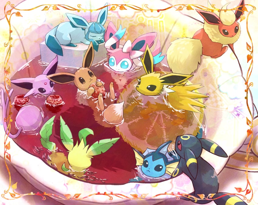 eevee, sylveon, umbreon, glaceon, vaporeon, and 4 more (pokemon) drawn by kotobukkii_(yt_lvlv)