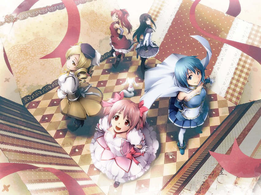 akemi homura, kaname madoka, miki sayaka, sakura kyoko, tomoe mami, and 1 more (mahou shoujo madoka magica) drawn by nishinomiya_sakuko
