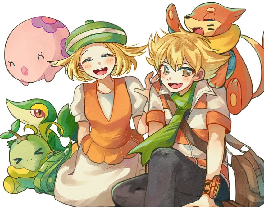 snivy, bianca, barry, turtwig, munna, and 1 more (pokemon and 2 more) drawn by kong_(6ki3ki)
