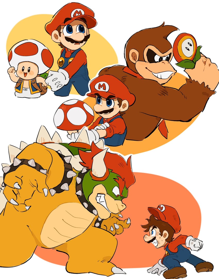 bowser, toad, and donkey kong (mario and 1 more) drawn by mimimi_(mimimim9999)