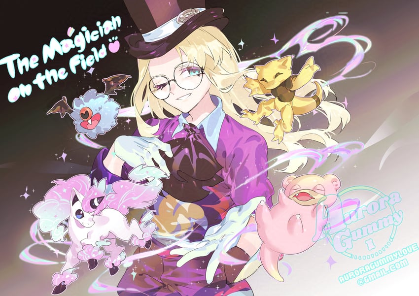 slowpoke, galarian ponyta, woobat, avery, and abra (pokemon and 1 more) drawn by auroragummy