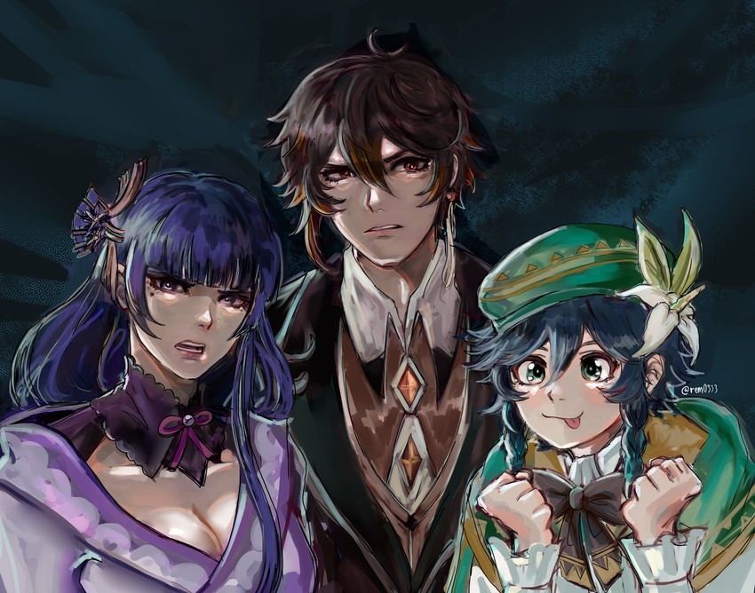 raiden shogun, zhongli, and venti (genshin impact) drawn by rem0333
