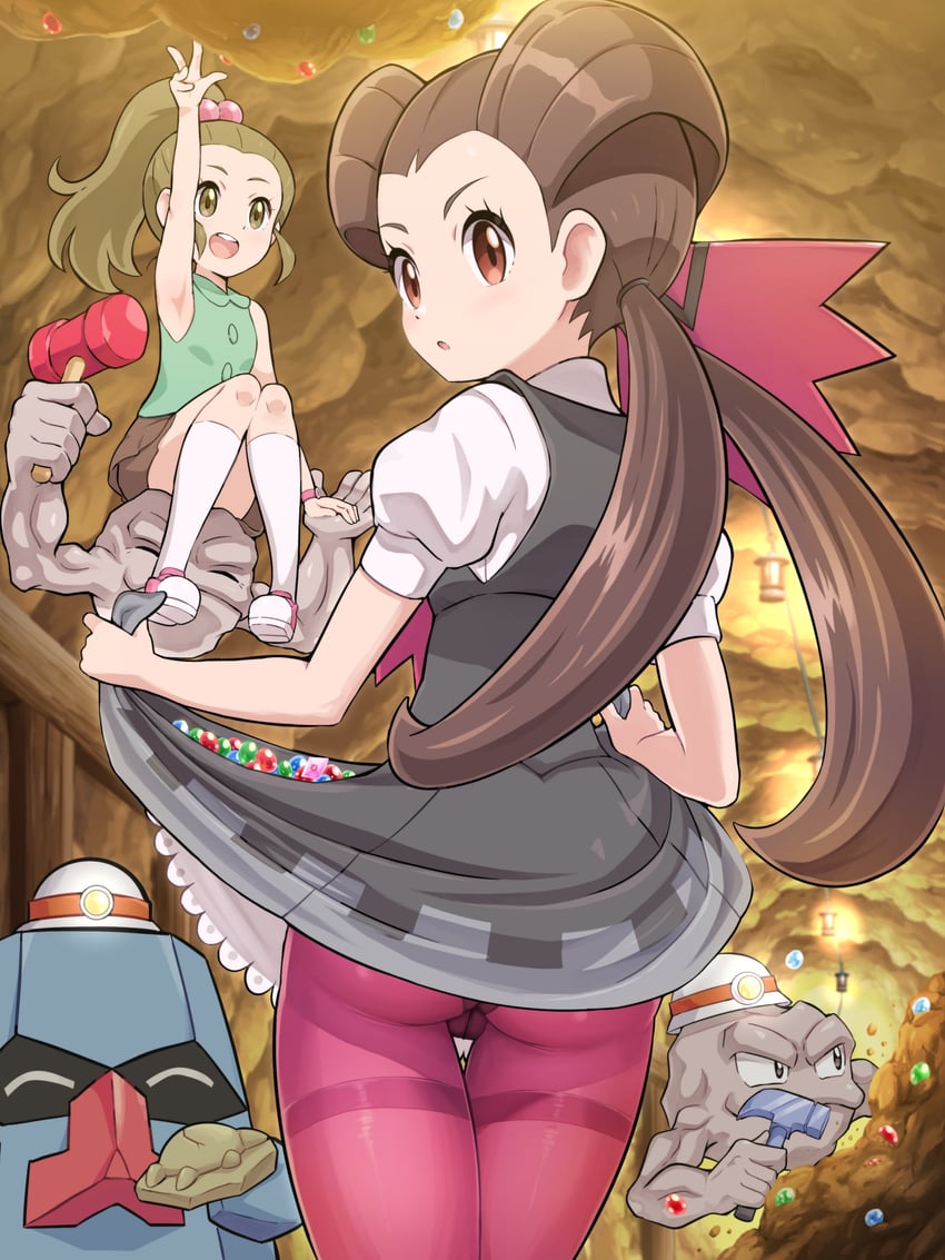 roxanne, geodude, nosepass, and school kid (pokemon and 1 more) drawn by pokemoa