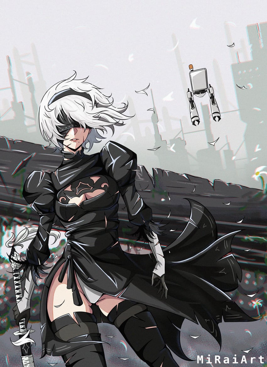 2b and pod (nier and 1 more) drawn by mirai_(miraiart)