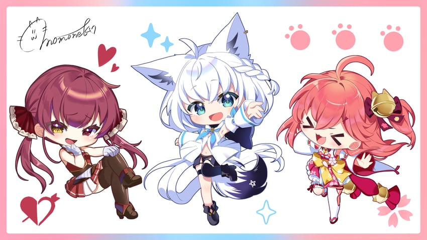 houshou marine, shirakami fubuki, and sakura miko (hololive) drawn by momone_cco