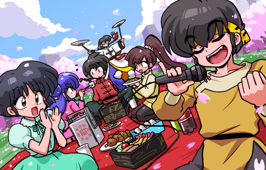 shampoo, tendou akane, saotome ranma, hibiki ryouga, kuonji ukyou, and 1 more (ranma 1/2) drawn by wanta_(futoshi)