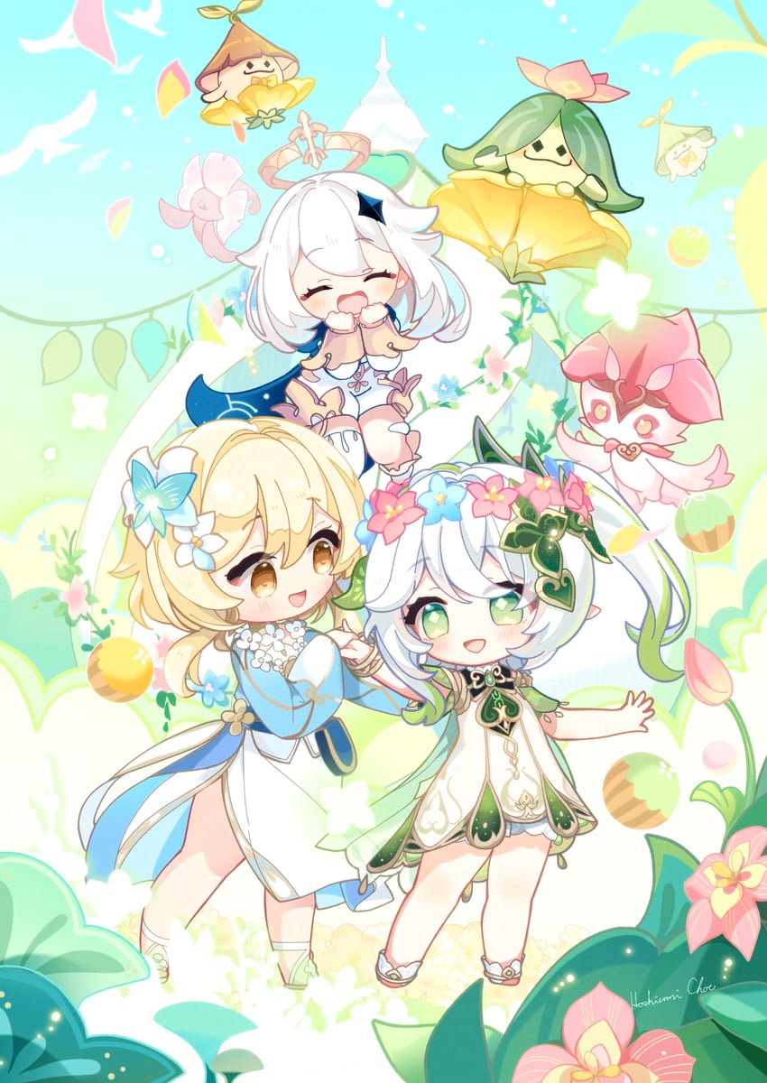 lumine, nahida, paimon, aranara, sorush, and 1 more (genshin impact) drawn by hoshiusagi_no_chloe