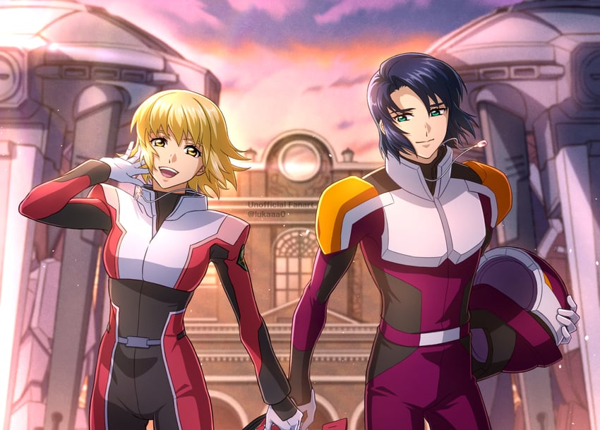 cagalli yula athha and athrun zala (gundam and 2 more) drawn by lukaaa