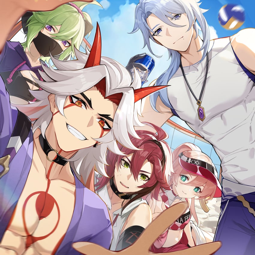 yanfei, kamisato ayato, kuki shinobu, arataki itto, and shikanoin heizou (genshin impact) drawn by dearduam