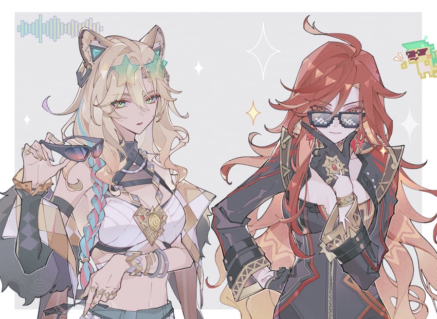 mavuika, xilonen, and ajaw (genshin impact) drawn by yue_(shemika98425261)