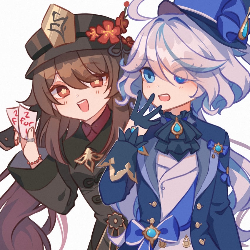hu tao and furina (genshin impact) drawn by tsukiaki_teriyaki