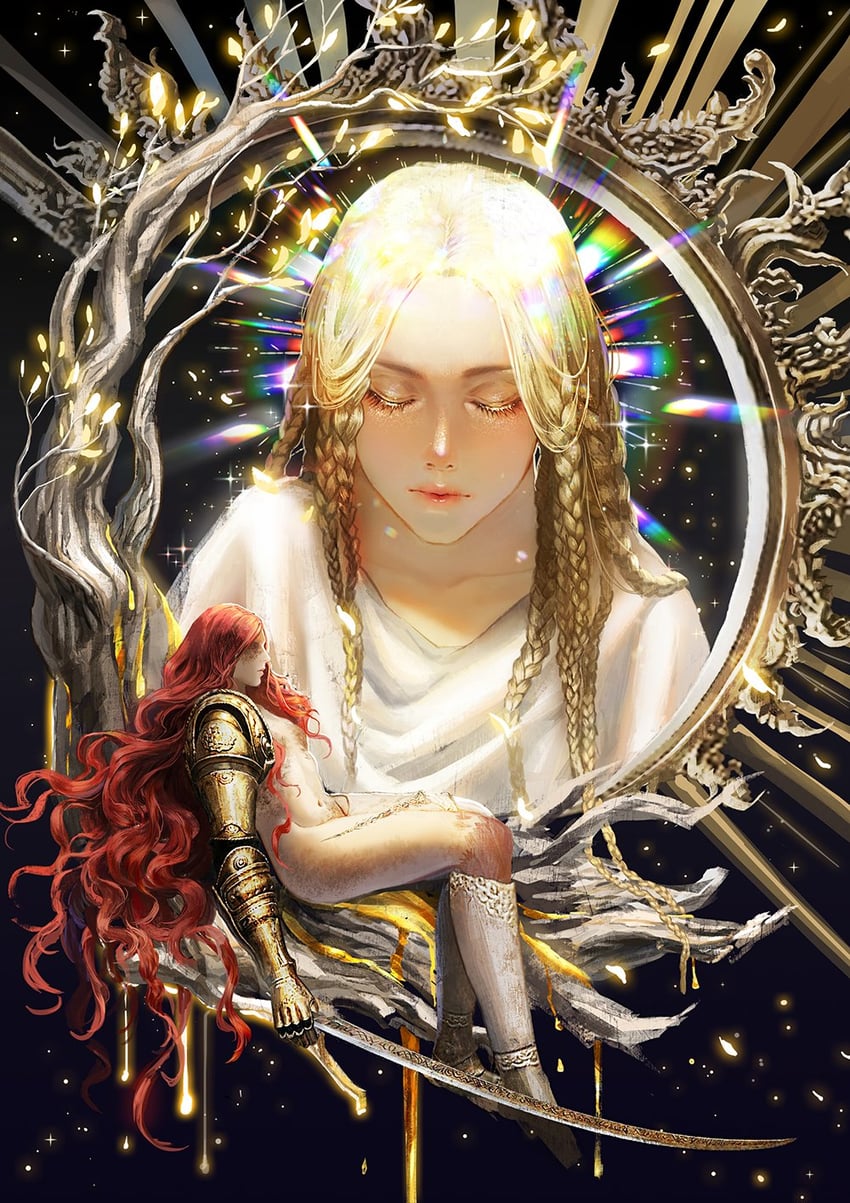 malenia blade of miquella and miquella (elden ring) drawn by tumitumico