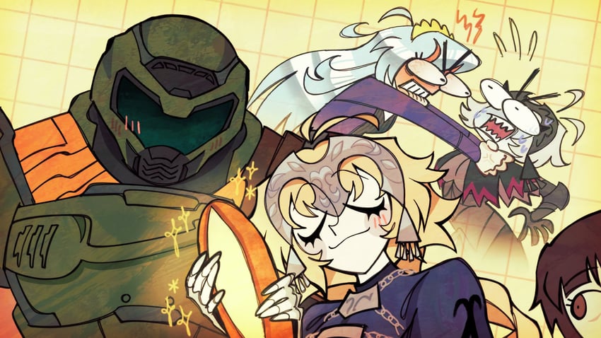 jeanne d'arc alter, jeanne d'arc, iwakura lain, doomguy, and mirabelle (original and 4 more) drawn by spooketti