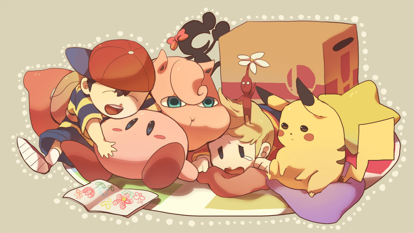 pikachu, kirby, jigglypuff, red pikmin, ness, and 2 more (pokemon and 7 more) drawn by gabu_kichi